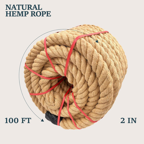 Hemp Rope Thick Natural 2 in X 100 Ft Twisted Manila Rope for Tug of War Adult, Outdoor Porch Swing Bed, Railing,Landscaping,Natical Rope
