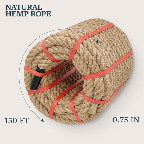 Natural Hemp Rope 3/4 in X 100 Ft Twisted Manila Rope 3/4 inch Thick Jute Rope for Crafts, Porch Swing Rope, Hemp Rope for Decor, Railing, Docks, Landscaping