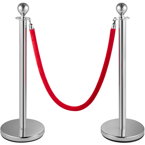 Crowd Control Stanchion, Set of 4 Pieces Silver Stanchion Set, Stanchion Set with 5 ft/1.5 m Red Velvet Rope, Crowd Control Barrier
