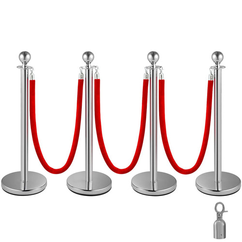 Crowd Control Stanchion, Set of 4 Pieces Silver Stanchion Set, Stanchion Set with 5 ft/1.5 m Red Velvet Rope, Crowd Control Barrier