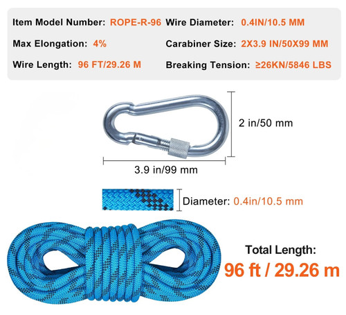 10.5 mm Static Climbing Rope, 29.3M(96ft) Outdoor Rock Climbing Rope 25KN Breaking Tension, Fiber Rope with Steel Snap Hooks for Escape, Rappelling, Fire Rescue, Blue