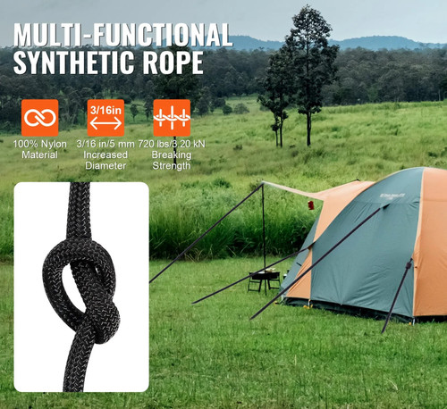 Braided Nylon Cord, 3/16 inch by 250 feet, 32-Strand Design, 720 LBS Tensile Strength, Multi-Purpose Black Rope for Outdoor, Tree Work, Hiking, Swinging, and Rescue Operations