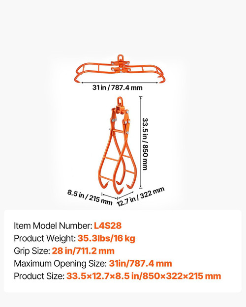 Timber Claw Hook, 28 inch 4 Claw Log Grapple Logging Tongs, Swivel Steel Log Lifting Tongs 31" Max Opening, Eagle Claws with 2205LBS/1000kg Loading Capacity for Tractors, ATVs, Trucks, Fork lifts