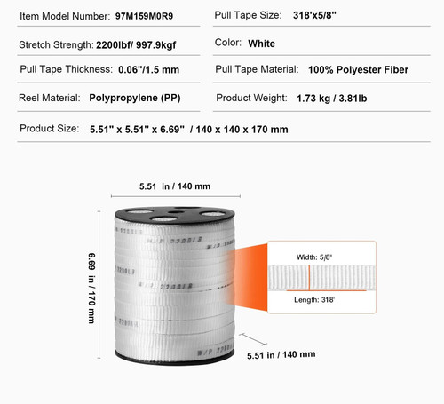 Polyester Pull Tape, 5/8" x 318' Mule Tape Flat Rope, 2200 lbf Tensile Capacity, Printed Webbing Cable Pulling Tape for Packaging, Gardening, Commercial Electrical, Conduit Work, White