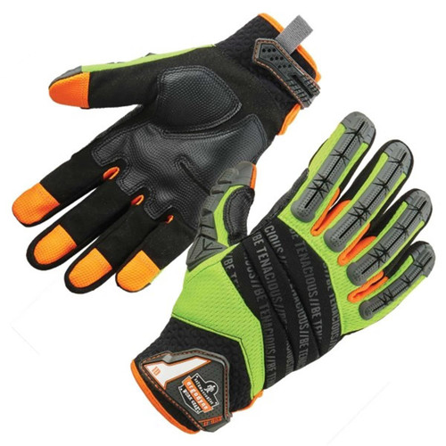Ergodyne 924 S Lime Hybrid Dorsal Impact-Reducing Gloves - Full-Finger TPR, Padded Palm, Hi-Vis Mesh