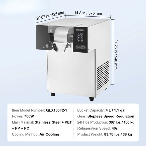 Commercial Snowflake Ice Machine, 397LBS/24H Snowflake Ice Maker, Stainless Steel Ice Shaver Machine, Electric Snow Cone Maker, Air Cooling System for Rapid Heat Dissipation, for Bakery, Cafe