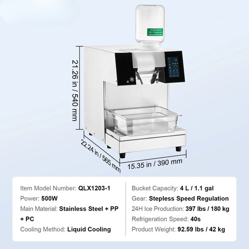 Commercial Snowflake Ice Machine - 397 lbs/24h Output, Stainless Steel Ice Shaver, Electric Snow Cone Maker with Liquid Cooling System, Touch Control Panel