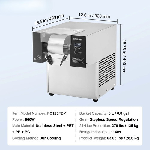Commercial Snowflake Ice Machine – 276 lbs/24h Output, Stainless Steel Ice Shaver, Electric Snow Cone Maker with Air‑Cooling System, Touch Control Panel