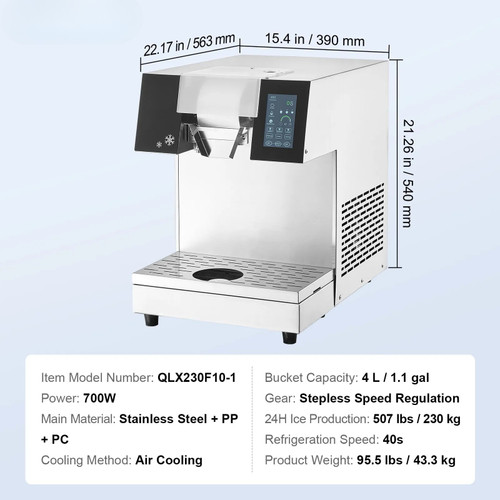 Commercial Snowflake Ice Machine – 507 lbs/24h Output, Stainless Steel Ice Shaver, Electric Snow Cone Maker with Air‑Cooling System, Touch Control Panel