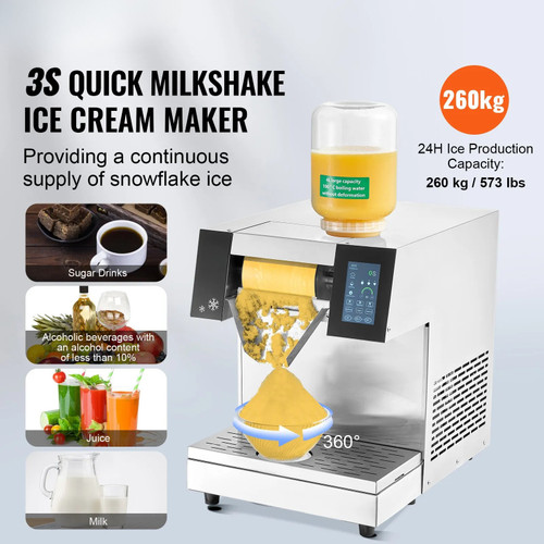 Commercial Snowflake Ice Machine – 573 lbs/24h Output, Stainless Steel Ice Shaver, Electric Snow Cone Maker with Air‑Cooling System, Touch Control Panel