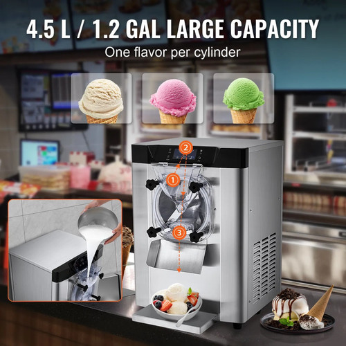 Commercial Ice Cream Machine, 12 L/H Yield, 1713W Single Flavor Countertop Hard Serve Maker, 4.5L Stainless Steel Cylinder, LED Panel with Auto Clean & Pre‑Cooling
