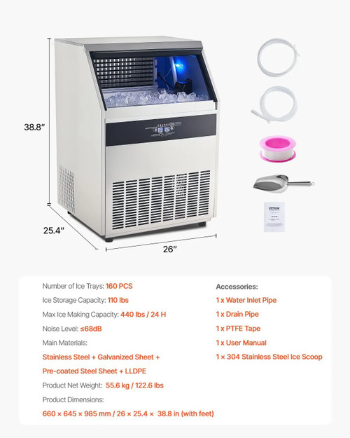 440 lbs/24H Commercial Ice Maker, 130 lbs Storage, 160 Cubes per Cycle, LED Display & Auto Self-Cleaning