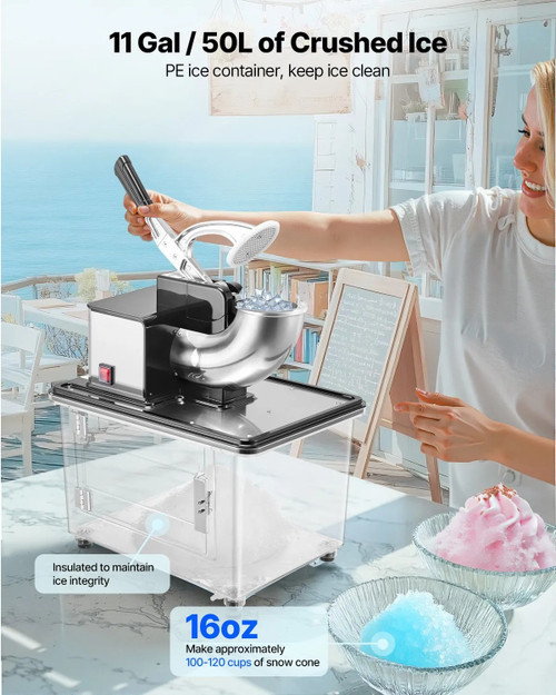 661 lbs/h Commercial Ice Crusher, 350W Electric Snow Cone Machine, 2000 RPM, 4 Blades, Stainless Steel with 11 Gal Ice Box, Black