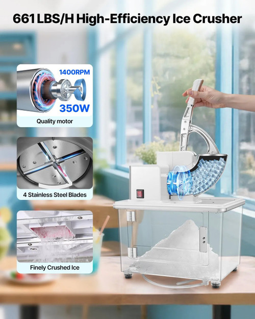 661 lbs/h Commercial Ice Crusher, 350W Electric Snow Cone Machine, 1400 RPM, 4 Blades, Stainless Steel with 11 Gal Ice Box, White