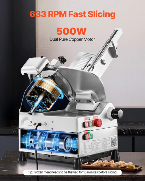 500W Automatic Meat Slicer, 10" Steel Blade, 633 RPM, Adjustable Thickness 0-0.67", for Frozen Meat, Cheese & Bread