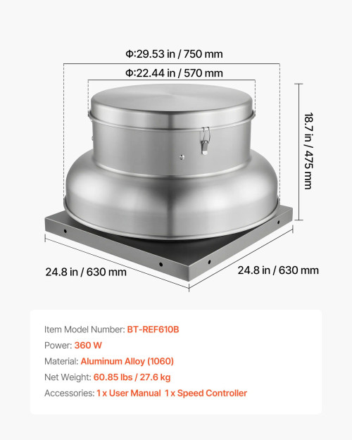 Roof Exhaust Fan, 24.8" Base, 360W Motor, Adjustable 3000/3900 CFM, Waterproof Aluminum Alloy Housing, Silver