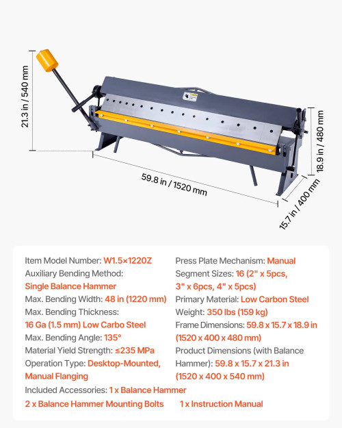 Box and Pan Brake, 48-Inch, 16-Gauge Mild Steel Capacity, 16 Fingers, 0-135° Adjustable