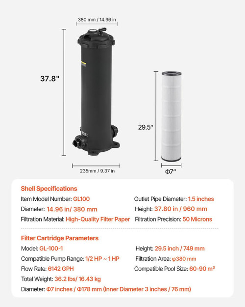 Cartridge Pool Filter, 100 Sq.Ft Area, 6142 GPH, Leak‑Proof Housing, Pressure Gauge & Relief Valve