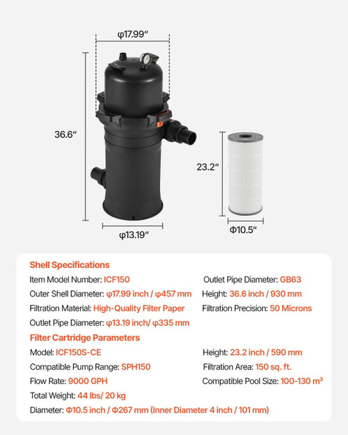Cartridge Pool Filter, 150 Sq.Ft Area, 9000 GPH, Leak‑Proof Housing, Pressure Gauge & Relief Valve