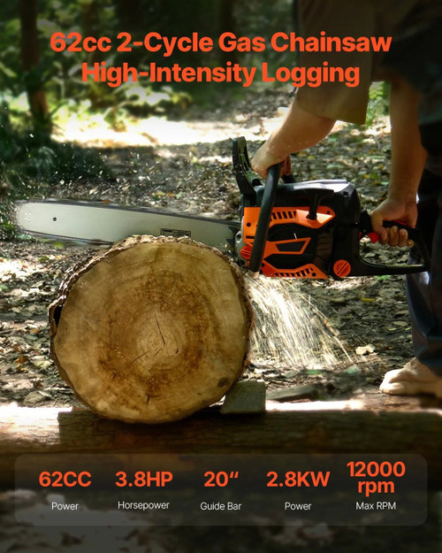 Gas Chainsaw, 62CC Engine, 20" Bar, 3.8HP Power