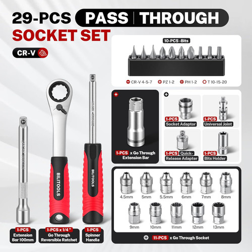 29PCS 1/4" Pass Through Socket Set, 3-In-1 Conversion for Standard Ratchet, Pass-Through Ratchet & Mini Screwdriver, Pass Thru Go Through Mechanics Tools Set For Hex, Square, E-Torx, Spline