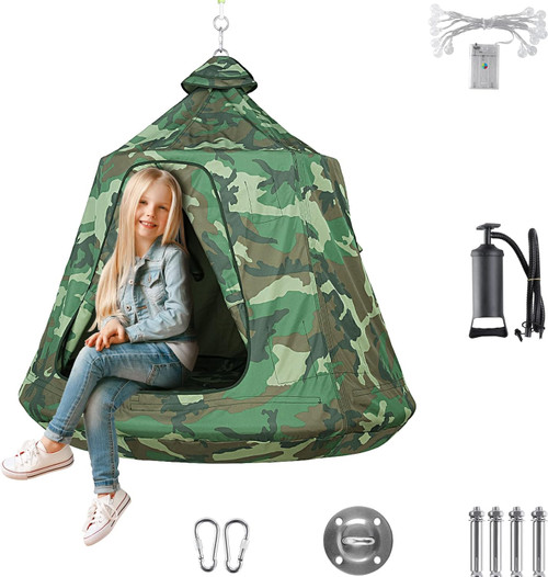 Hanging Tree Tent for Kid, Indoor Outdoor Hanging Tent, Waterproof Tree Ceiling Pod, Portable Hang Out Huggle Pod Play Tents w/Rainbow Lights String, Inflatable Base, 45" H x 44" W 330lbs