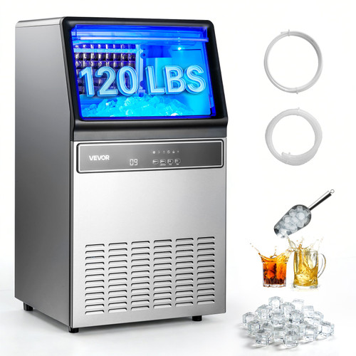 Commercial Ice Maker Machine, 120Lbs/24H with 33Lbs Storage, 45 Cubes per Cycle, Stainless Steel Freestanding & Under Counter Ice Maker with LED Display & Self-Cleaning, for Home Bar Restaurant