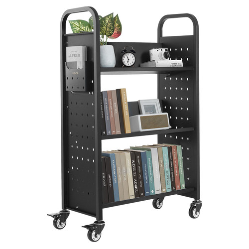 Rolling Library Book Cart, 330 lbs Capacity, 30.3 x 15 x 48.0-Inch Library Cart, Single Sided V-Shaped Shelves with 3-Inch Lockable Wheels, Book Truck for Home Shelves Office and School, Black