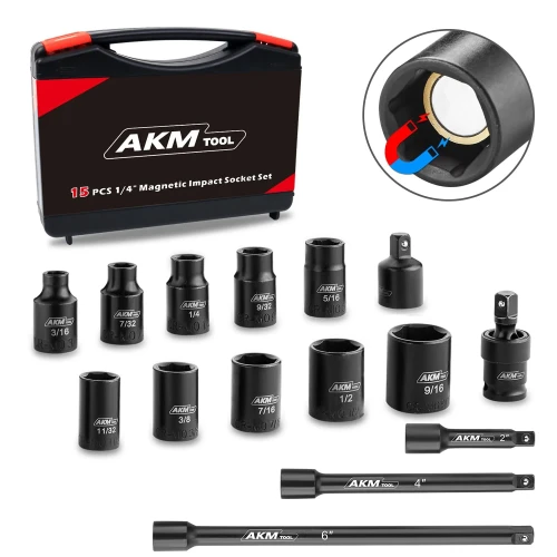 1/4 Inch Drive Magnetic Impact Socket Set, 15-Piece SAE, 1/4 Inch-9/16 Inch