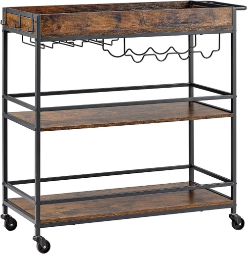 Bar Cart with Wheels, Large Wide 3-Tier Rolling Serving Cart, 34.64-Inch Beverage Station with Wine Rack, Glass Holder and S Hooks for Home Kitchen, Rustic Brown and Black