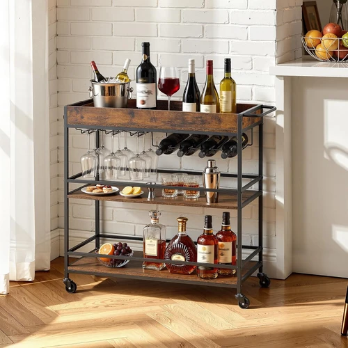 Bar Cart with Wheels, Large Wide 3-Tier Rolling Serving Cart, 34.64-Inch Beverage Station with Wine Rack, Glass Holder and S Hooks for Home Kitchen, Rustic Brown and Black