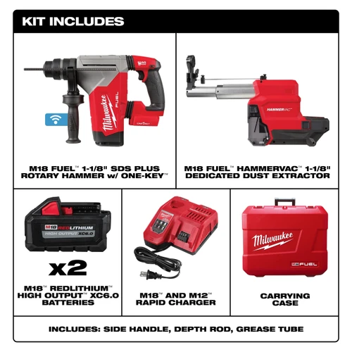 Milwaukee M18 FUEL™ 1-1/8" SDS Plus Rotary Hammer w/ ONE-KEY™ & HAMMERVAC™ Dedicated Dust Extractor Kit 2915-22DE