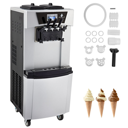 Commercial Ice Cream Machine 20 30L H Yield 2 1 Flavors Soft Serve Machine w Two 7L Hoppers 1.8L Cylinders Puffing Pre Cooling Shortage Alarm 2450W Frozen Yogurt Maker for Snack Bar Caf