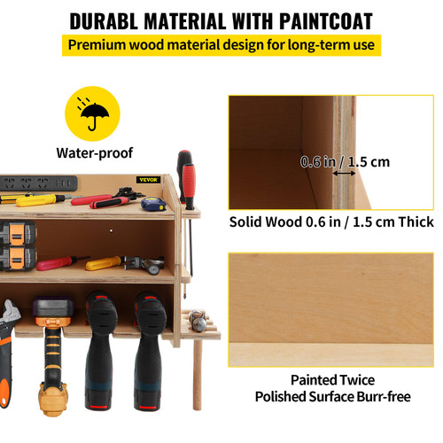 Power Tool Organizer Wall Mounted Drill Holder 5 Drill Hanging Slots Drill Charging Station 2 Shelf Cordless Drill Storage Polished Plywood Toolbox for Saw Impact Wrench Screwdriver Drill