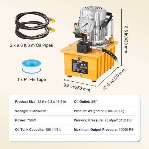 Electric Hydraulic Pump, 10000 PSI 750W 110V, 488 in³/8L Capacity