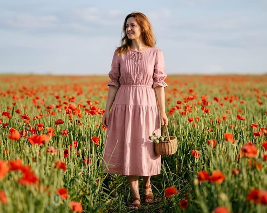 Women's Pink Linen Midi Dress - Puff Sleeve Cottagecore Prairie Dress