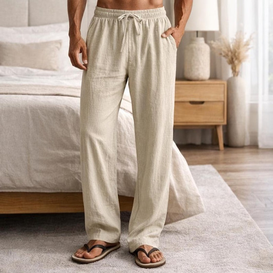 Men's Linen Trousers - Relaxed Fit Drawstring, Breathable Summer Beach Pants