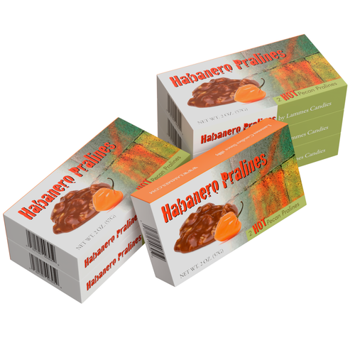 Six boxes of Lammes Candies Habanero Pralines featuring spicy pecan pralines with bold packaging and fiery habanero pepper imagery.