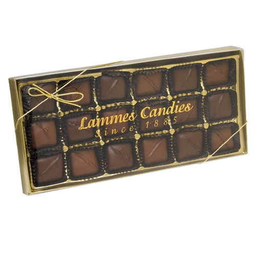 Lammes Candies Chocolate Caramels come in an elegant gold gift box, featuring soft, chewy caramel enrobed in rich milk and dark chocolate.