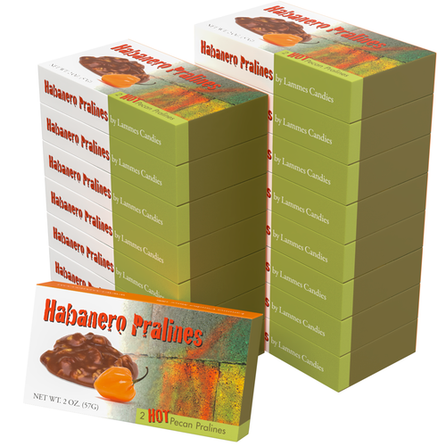 Stacks of Habanero Pralines boxes arranged neatly with one box in the foreground showcasing vibrant packaging and highlighting the spicy pecan pralines inside.