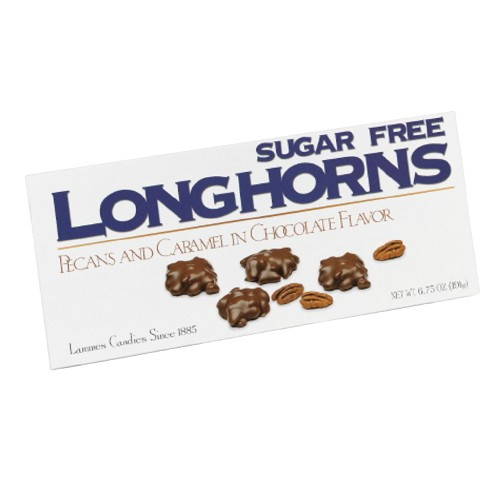 Lammes Candies Sugar-Free Longhorns Pecan Chocolate Caramel Candies box features bold blue lettering on a clean white background, showcasing images of chocolate-covered pecan and caramel clusters.