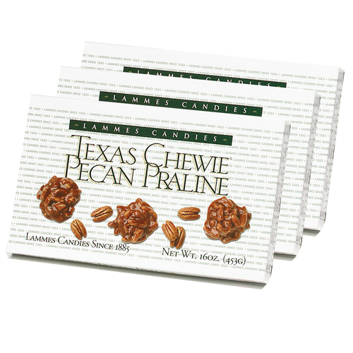 Three neatly stacked boxes of 1 lb. Texas Chewie Pecan Pralines showcase their signature pecan and caramel clusters on elegant branded packaging.