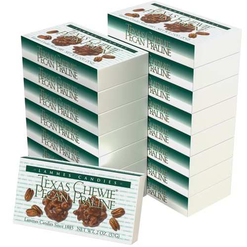 Stacked boxes of Lammes Candies Texas Chewie Pecan Pralines, showcasing the iconic packaging with rich pralines made of pecans and caramel.
