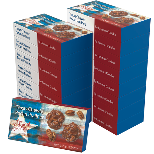 Stacked boxes of Lammes Candies Texas Flag Chewie Pecan Pralines, showcasing the patriotic packaging with rich pecan pralines.
