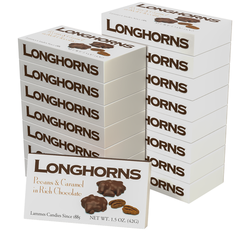 Stack of Lammes Candies Pecan Chocolate Caramel Longhorns Candies in white retail boxes with product image and label on the front.
