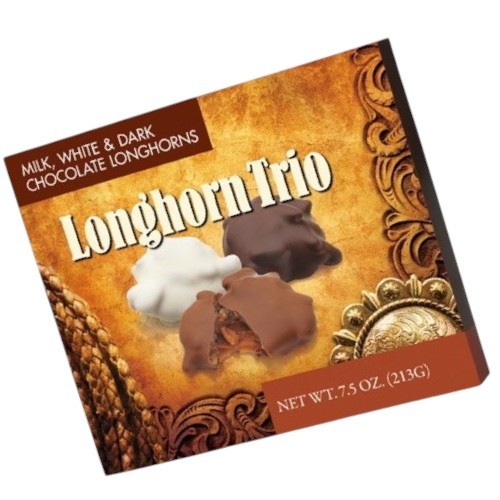 Lammes Candies Longhorns Trio - Milk, White & Dark Chocolate Pecan Caramel Candies gift box showcasing a trio of delicious chocolate-covered pecan caramel treats.