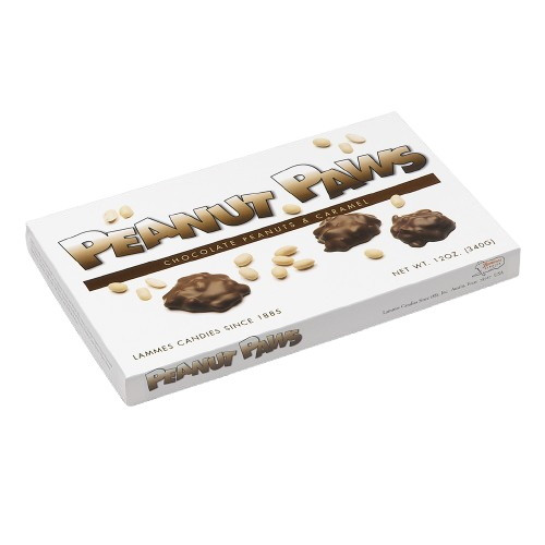 Lammes Candies Peanut PAWS Chocolate Caramel Candies box features bold lettering on a sleek white background, showcasing images of chocolate-coated peanut and caramel clusters alongside whole peanuts.