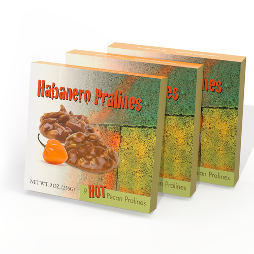 Lammes Candies 9-Piece Habanero Pralines packaging showcases multiple stacked boxes with a bold, textured design featuring vibrant orange and green hues, a fiery habanero pepper, and mouthwatering images of spicy pecan pralines.
