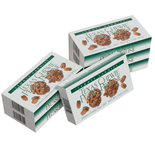 Six boxes of Lammes Candies Texas Chewie Pecan Pralines featuring classic branding and rich praline imagery with pecans on the packaging.
