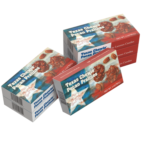 Six boxes of Lammes Candies Texas Flag Chewie Pecan Pralines, featuring vibrant Texas-themed packaging and delicious pralines inside.